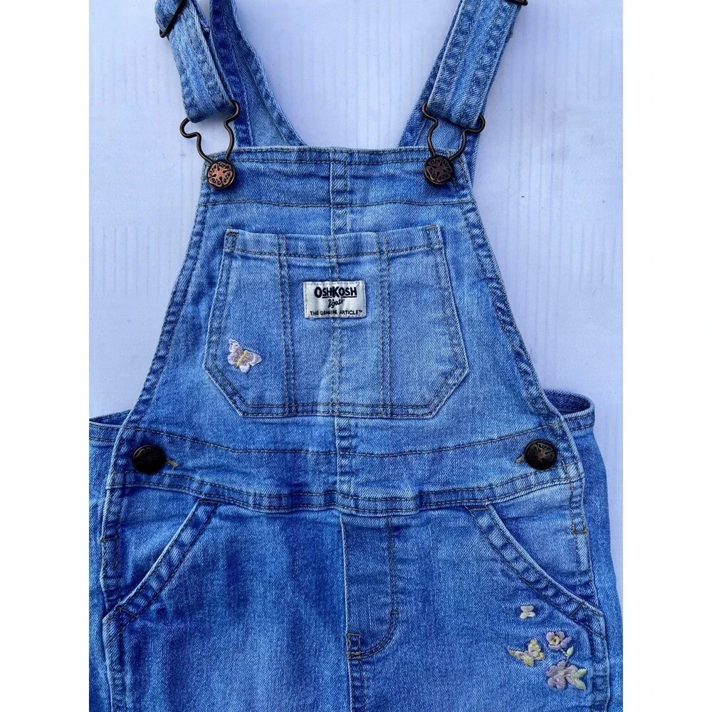 OshKosh B’gosh Girls 3T Denim Overalls Butterfly Floral Embroidered Light Wash